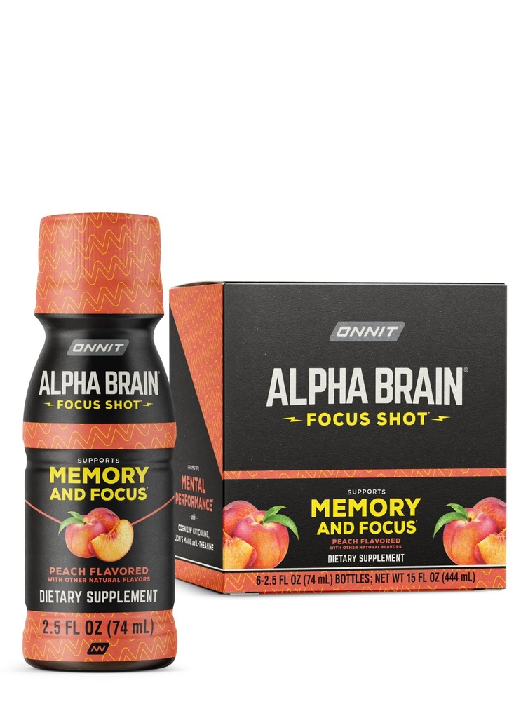 ONIT Alpha Brain Focus Shot, Peach Flavor, Nootropic Dietary Supplement Drink That Supports Energy, Focus, și Mood, IGENTM Non-GMO testat, 2,5 fl oz, 6 Count