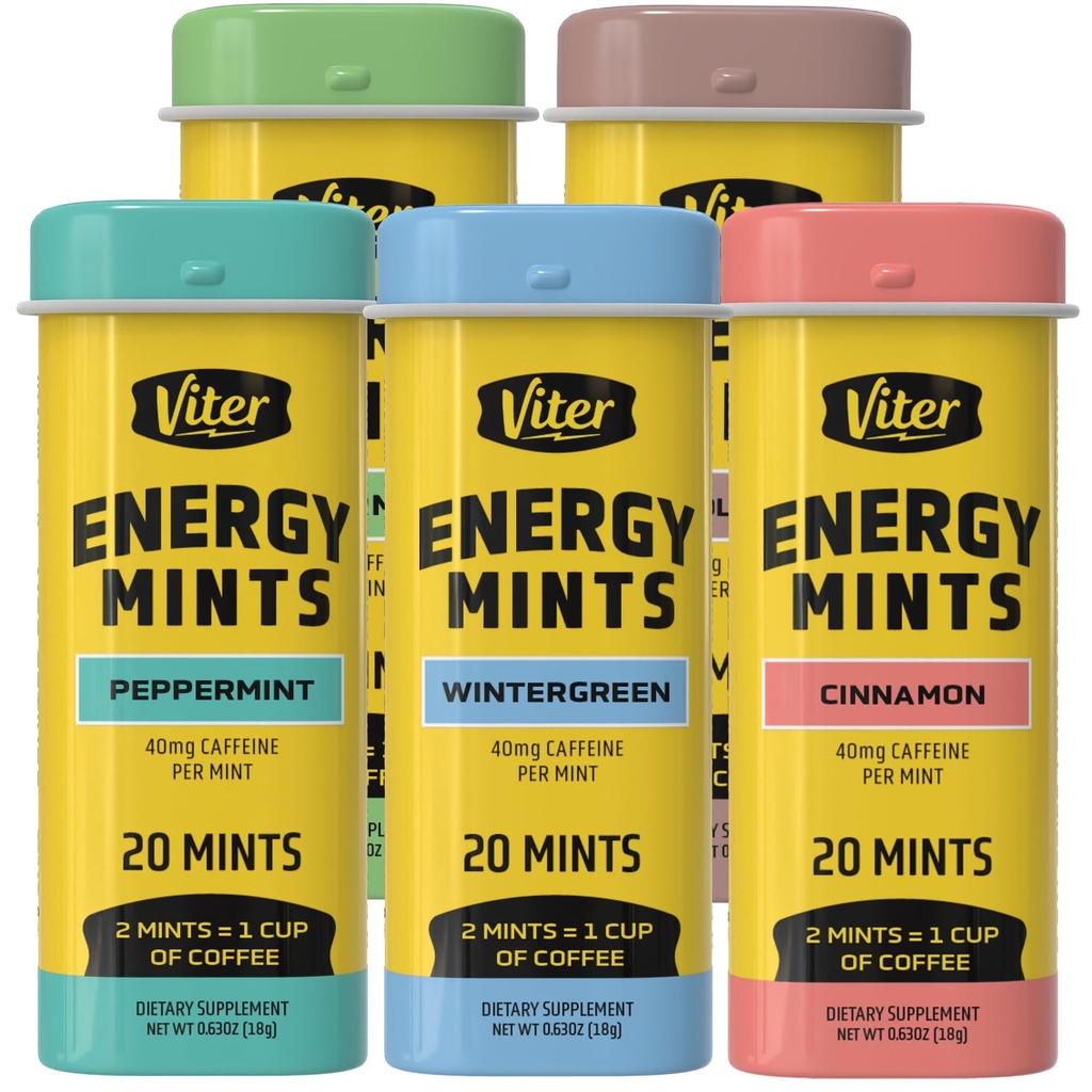 Viter Energy 40mg Cafeine Mints - Sugar Free, B Vitamine, Vegan, Boosts Fast Energetic Alert Focus, Pastile Nootropice Suplimente Cofeinate (Arovă diverse, 20pcs, 5 Pack, 100pcs Total)
