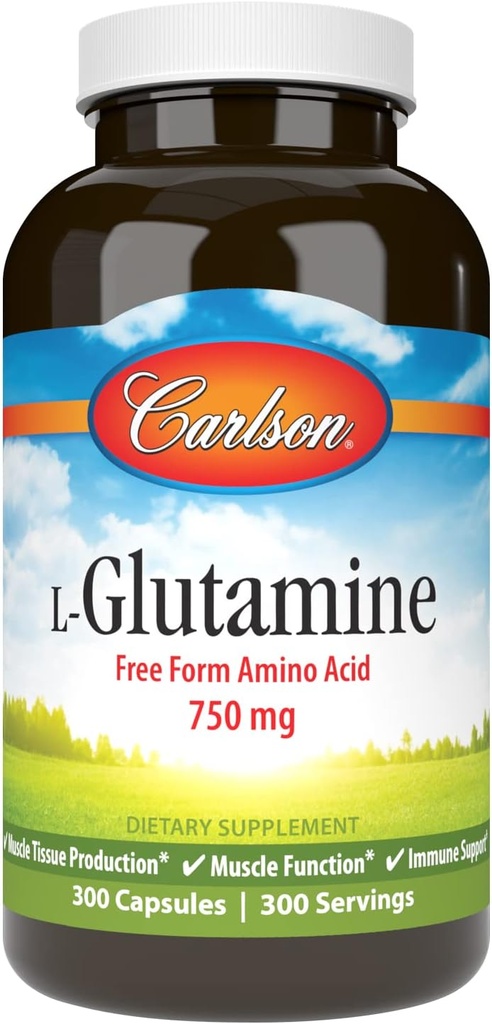 Carlson - L-glutamină, Aminoacid Free-Form, 750 mg, Producţia de ţesut muscular, 300 capsule