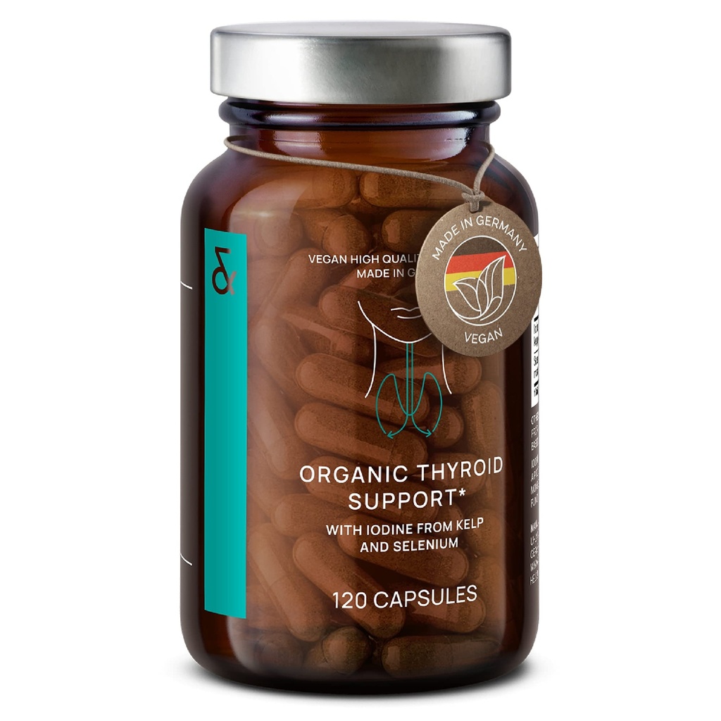Suport tiroidian organic cu iod de la Sea Kelp Organic și Seleniu din extract de semințe de muștar - 120 capsule - Supliment tiroidian natural pentru bărbați și femei - Vegan și gluten gratuit