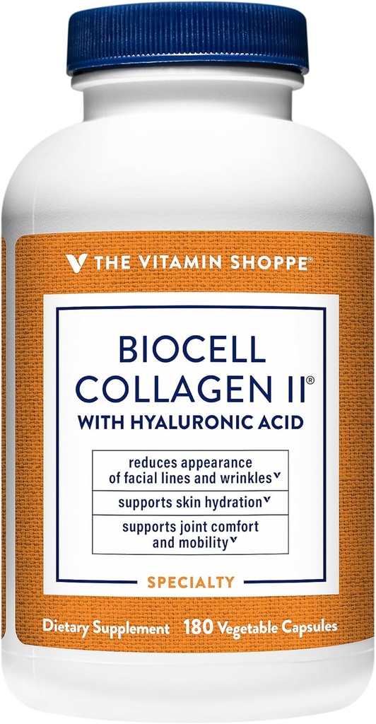 Vitamina Shoppe Biocell Colagen II cu acid hialuronic 1000mg - promovează pielea sănătoasă, articulațiile și cartilajul - susține hidratarea și elasticitatea - pentru wellness zilnic (60 capsule vegetale)