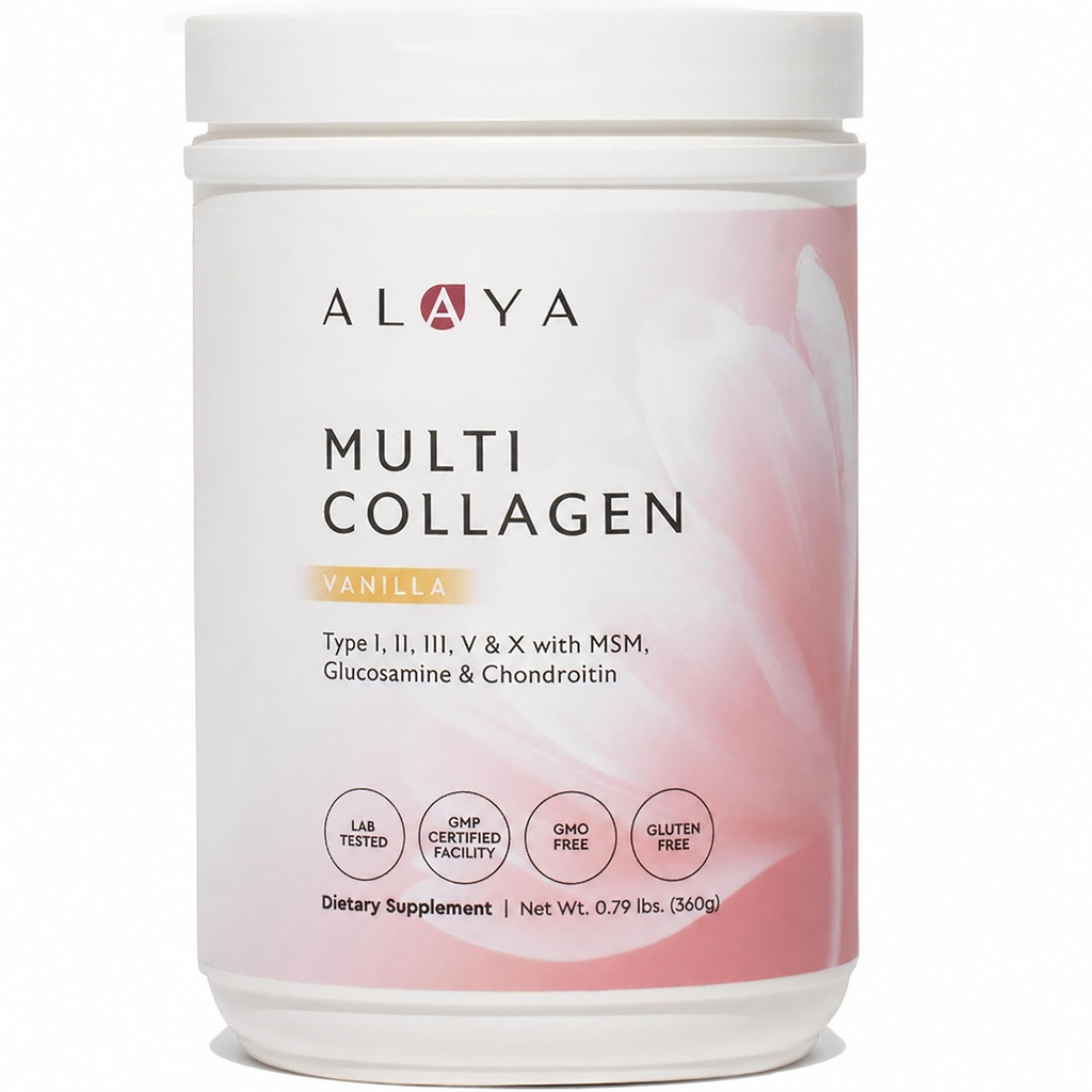 Alaya Multi Colagen Pulbere - Tipul I, II, III, V, X Hidrolized Colagen Peptides Pulbere de proteine Supliment cu MSM + GC (Vanilla)