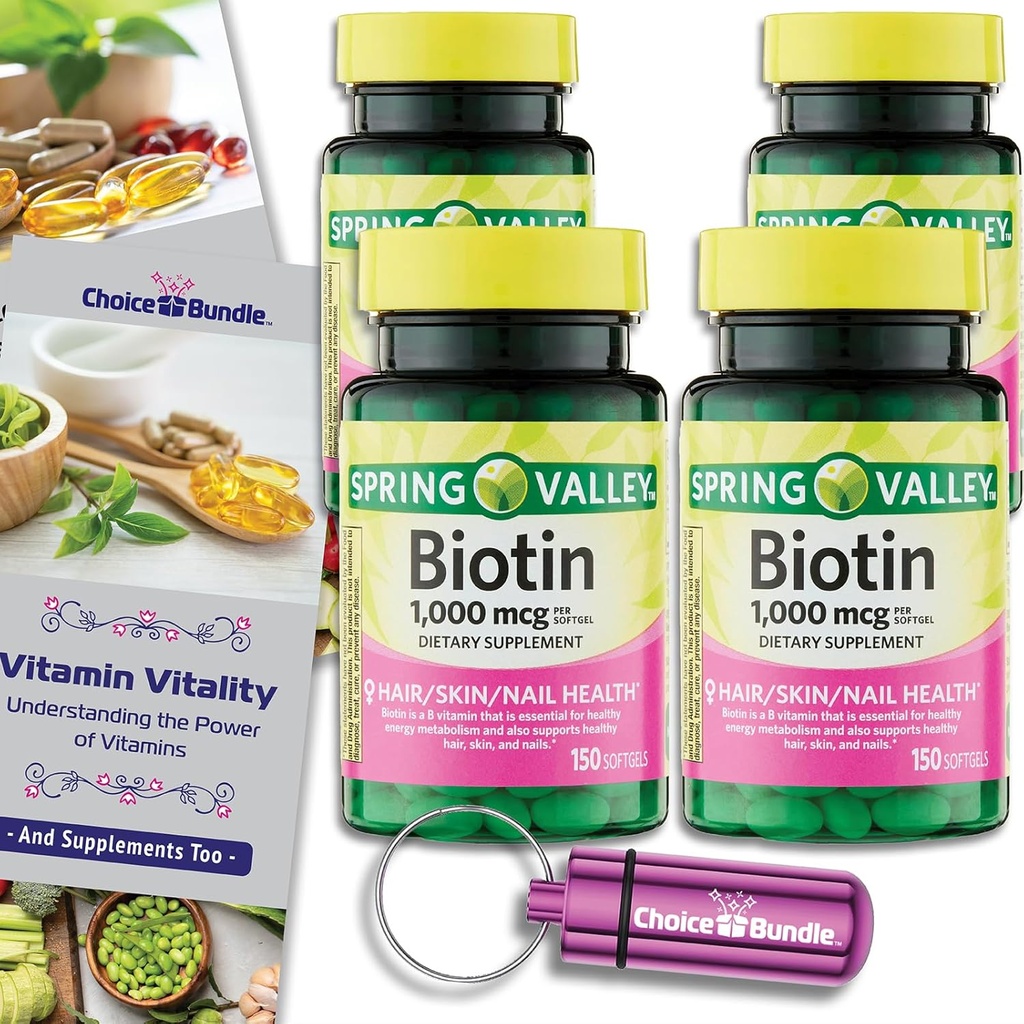 Alegerea Bundle Spring Valley Biotin Softgels 1000mcg Supliment alimentar pentru par piele unghie Sanatate 150 Ct 4 pk (600 Total) + Vitamina Ghid & Pilula container (6 elemente)!