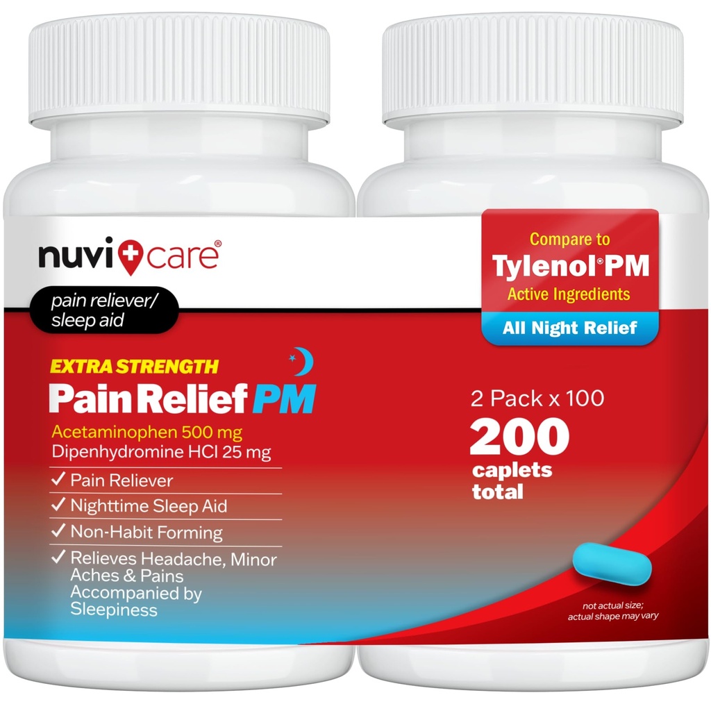 Extra Putere Durere Relief PM - Acetaminofen 500 mg & Difenhidramină 25mg - Comparativ cu Tylenol PM Extra Putere Ajutor pentru somn - Adult PM Durere Reliever pentru dureri și dureri nocturne (100 comprimate)