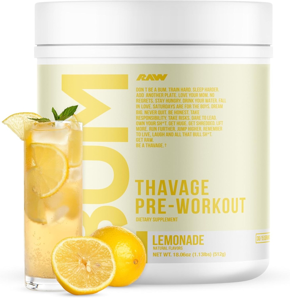 RAW Pre Antrenament pulbere, Thavage (Lemonade) - Chris Bumstead Sports Nutriție Supliment pentru bărbați și femei - Cbum Pre Antrenament pentru Lucru afară, Hidratare, Mintal Focus & Energie - 40 Serviri