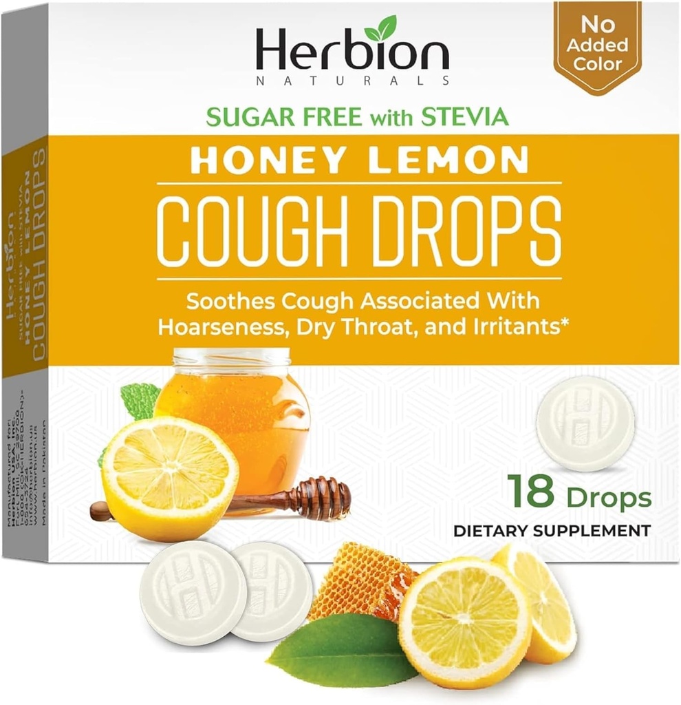 HERBION Naturals Cough Drops, Sugar-Free cu Stevia, Supliment Dieta, Soothes Cough, pentru adulți și copii de peste 6 ani, 25 Drops fiecare (18 Count (Pachet de 1), Honey Lemon)