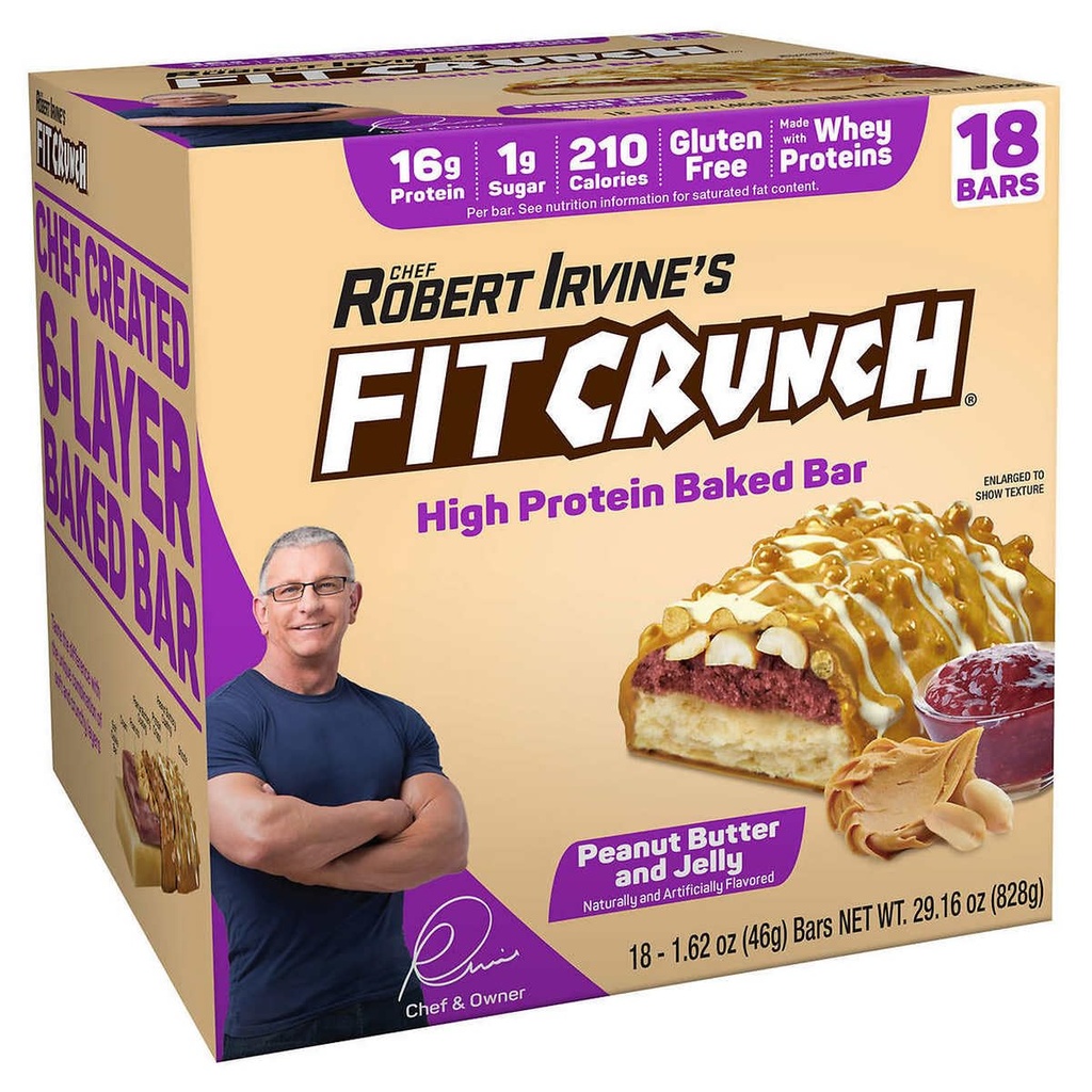 Baruri de proteine de dimensiuni FITCRUNCH, 6-Layer Backed Bar, 1g de zahăr, Gluten Free & Soft Cake Core (18 Baruri, Unt de arahide și Jelly)