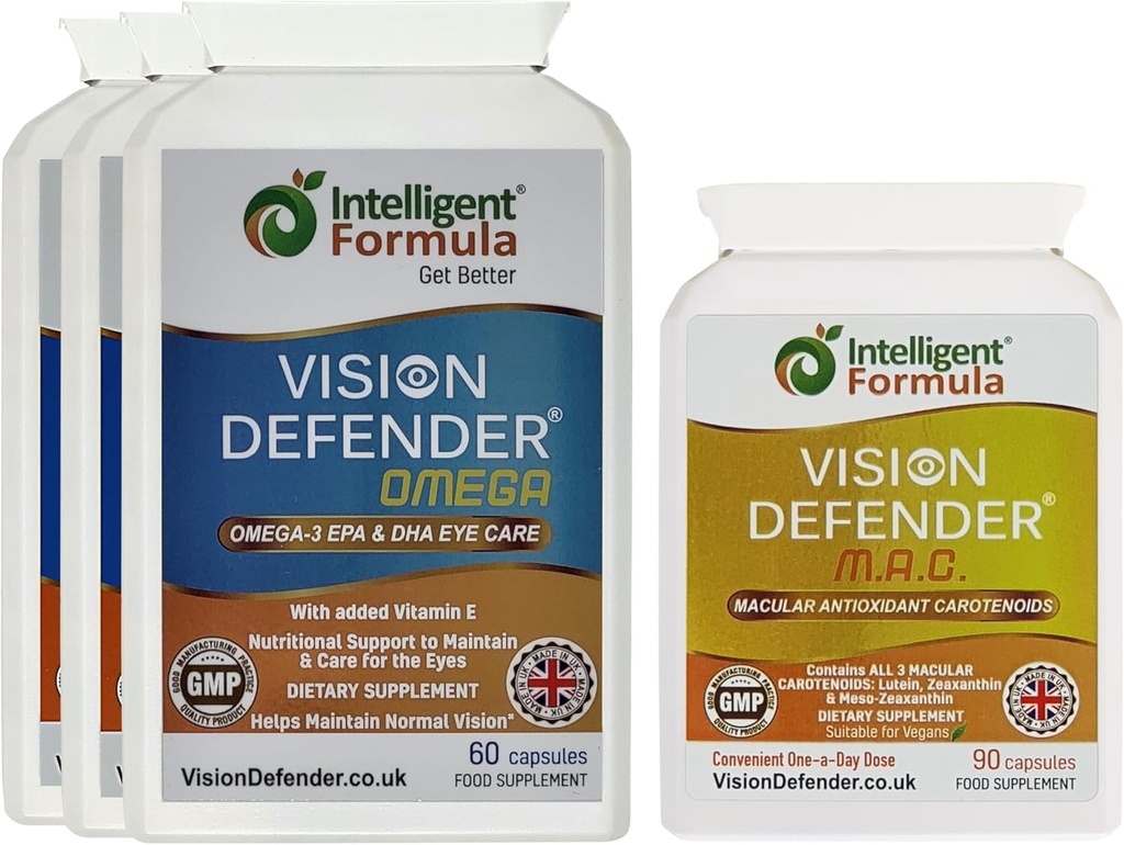 Vision Defender MAC & Omega Everyday General Eye-Health Bundle (90 Days Supply). Suplimentul pentru vitaminele oculare include carotenoizi luteină, zeaxantină, Omega-3 (DHA, EPA). Made in UK by Eye Specialists