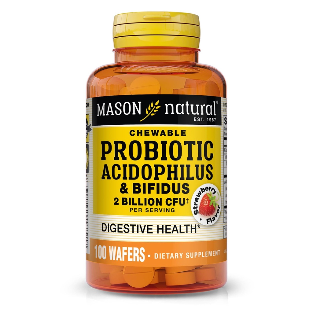 MASON NATURAL Acidbiotic cu Bifidus, 50 de zile de aprovizionare, Suporturi Digestie normala sanatoasa, Aroma de capsuni, 100 Vafe masticabile