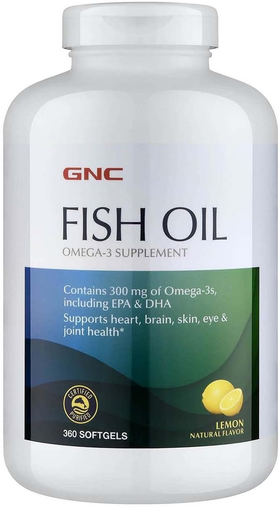GNC ulei de pește Omega 3 Supliment, EPA 300mg și DHA, Aroma de lămâie, Suporturi inimă, creier, piele, ochi și sănătate comună, 360 Softgels, 360 Serviri