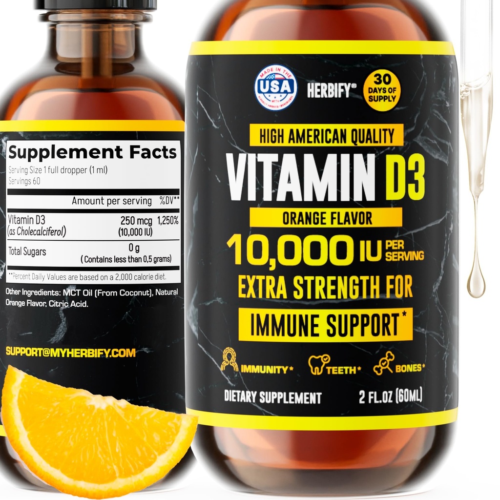 HERBIFY Vitamina D3 10000 UI - Produsă în Statele Unite ale Americii picături de vitamina D lichid - Concentrație osoasă și supliment de sprijin imun - Înlocuire de soare - D3 Vitamină osoasă și dinți - 2 Oz