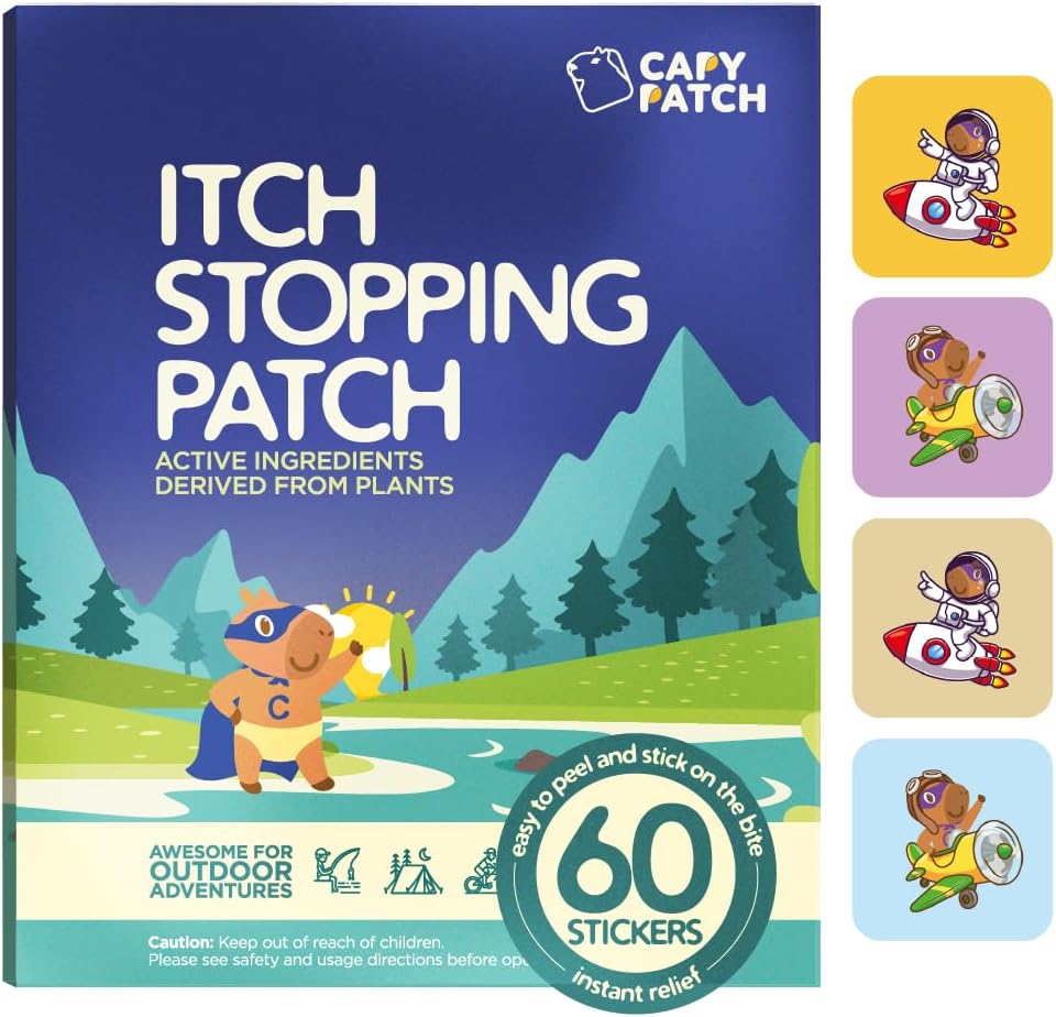CAPY Bug Bite relief patch-uri pentru copii - 60 Conte, Travel & Camping Essentials, Hydrocortizon Alternative, Itch Relief Stickers pentru Mosquito & Bug Bites