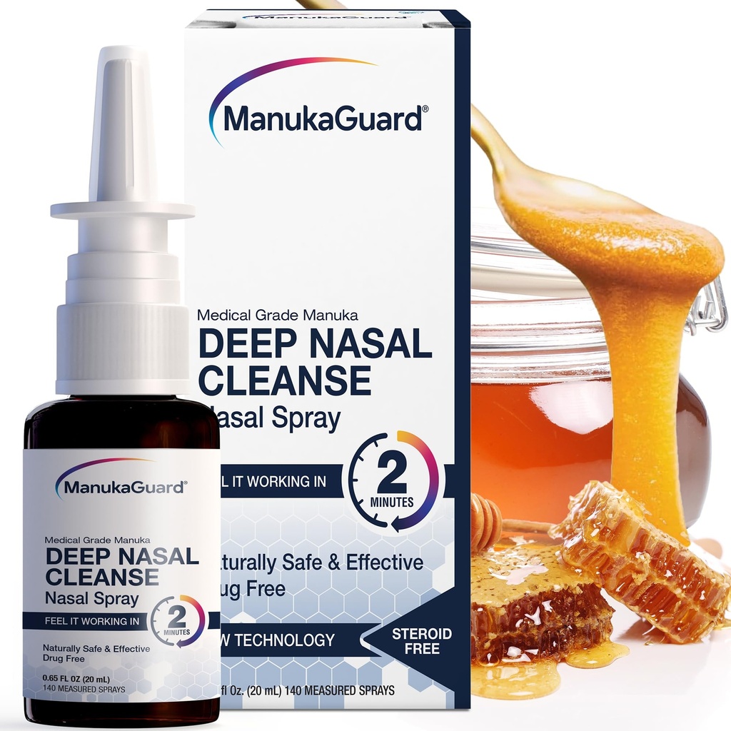 ManukaGuard Grad medical Manuka Honey Natural Nasal Spray cu solutie salina pentru suport de congestie, Sinus si Alergie Relief, Moisturizing Nasal, Noua Zeelanda Honey, MGO 600, 0.65 fl oz Sticla