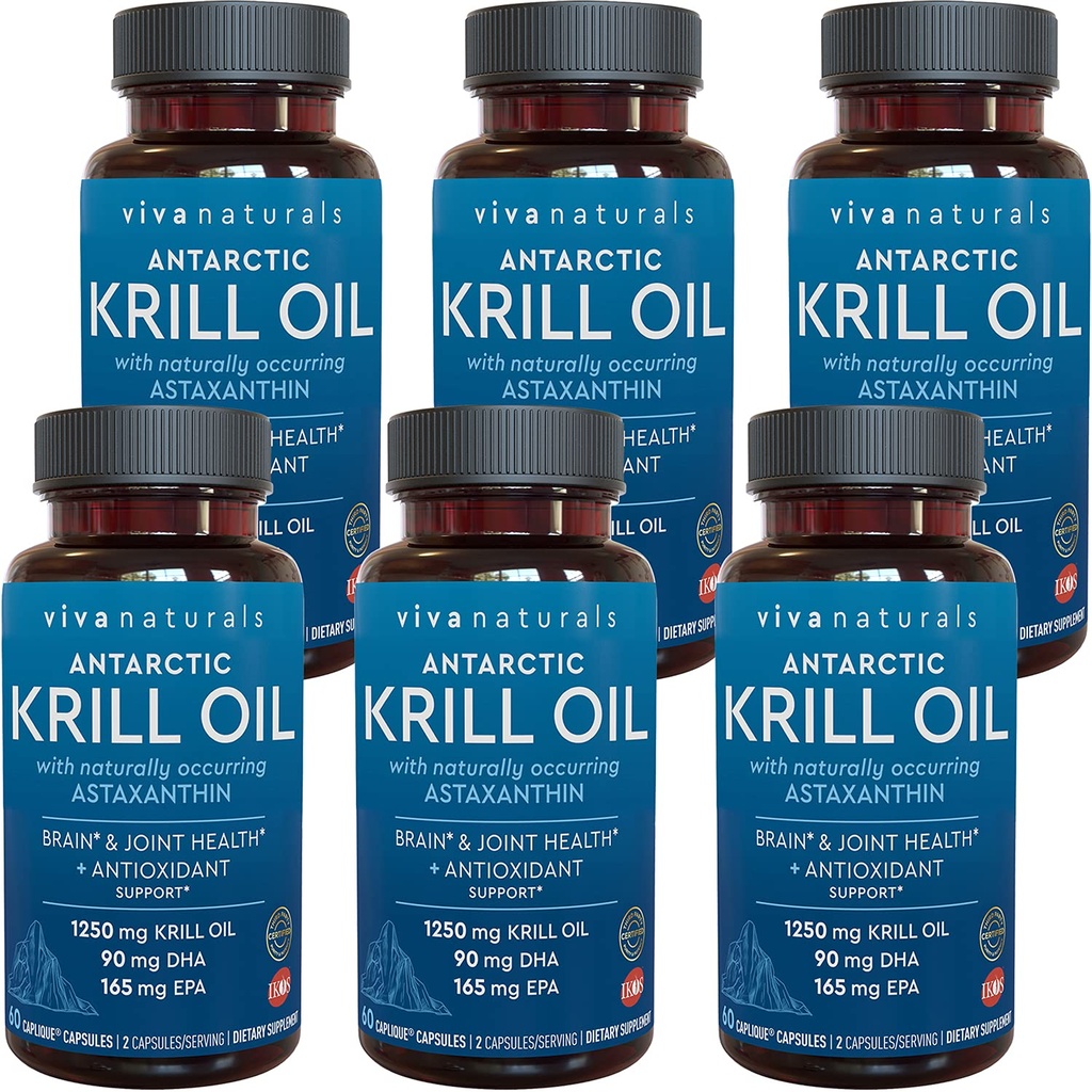 Viva Naturals Antarctica ulei Krill 1250 mg, Omega 3 EPA DHA și Astexanthin, suport comun și supliment cerebral cu proprietăți antioxidante, fără gust de pește (Pachet de 6)
