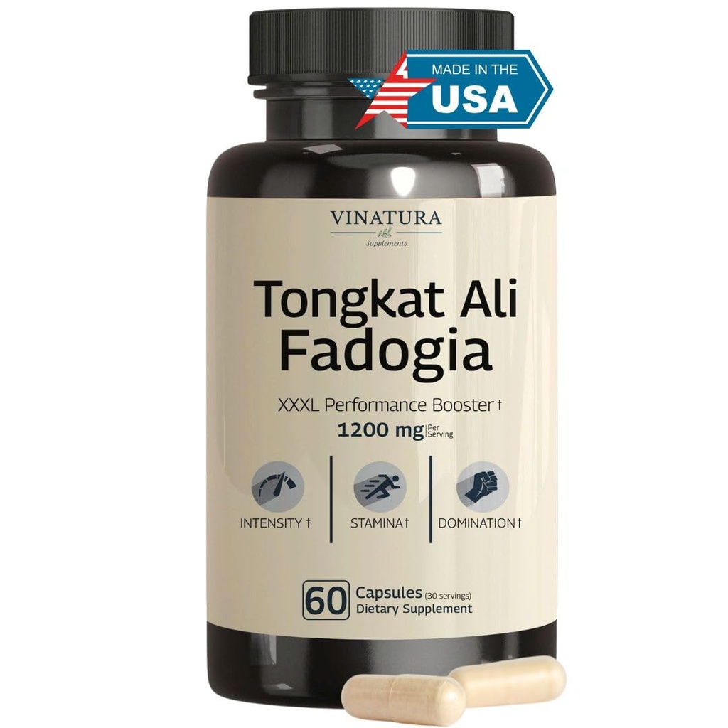 Tongkat Ali Fadogia Agrestis - 1200mg, imbunatatit cu oxid de azot Booster Supliment, Longjack Tongkat Ali pentru barbati, *USA Made and Tested*, 60 Capsule