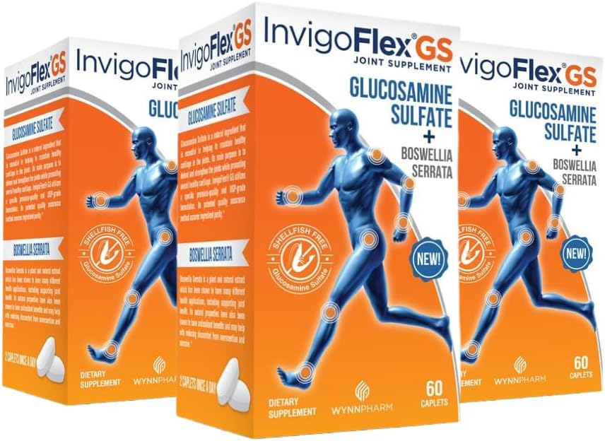 INVIGOFLEX Glucosamină Sulfat (Shellfish Free, Sodium Free & Vegetarian Safe) Non OMG, Gluten Free - cu Boswellia Serrata - Premium Joint Supplement GS - 3 Pack