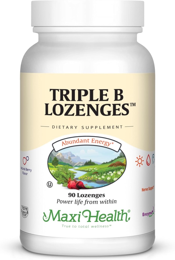 Maxi Health Triple B Lozenges - Vitamina B12 & B6 & Biotin - Aroma de căpșuni - 90 Chewies - Kosher