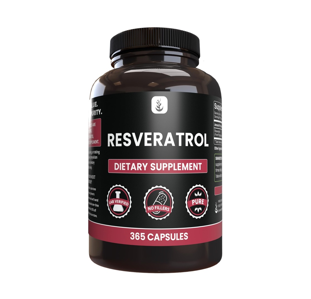 INGREDIENTE ORIGINALE Pure Resveratrol, (365 capsule) No Magneziu or Rice Fillers, Always Pure, Lab Verified
