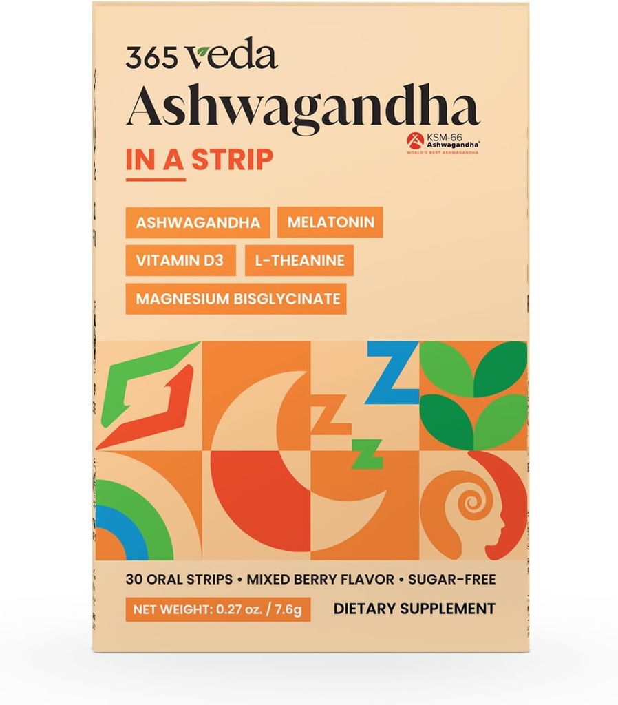 Stripuri orale Ashwagandha 100 mg KSM 66 Ashwagandha, L-Theanină, Melatonină, Vitamina D3 și magneziu, Vegan Strip pentru bărbați și femei, Sugar-Free, Non-GMO, 30 benzi orale (Berry)