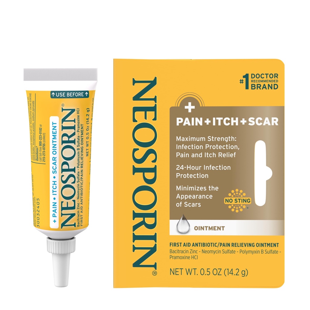 Neosporin Antibiotic durere-eliminare, anti-Itch, & Scar Aspect Minimizer Ointment cu neomicină & Bacitracin Zinc, 24-Hour de protecție a infecției pentru tăieturi minore, Scrapes & Burns,.5 oz