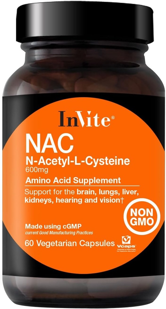 Invită Sănătate N-Acetyl Cysteine (NAC) - Susţine sănătatea ficatului şi creierului - Provizii Acidul amino esenţial L-Cysteine şi un Precursor al Tripeptidei Glutatione - 60 Capsule vegetariene (2-Pack)