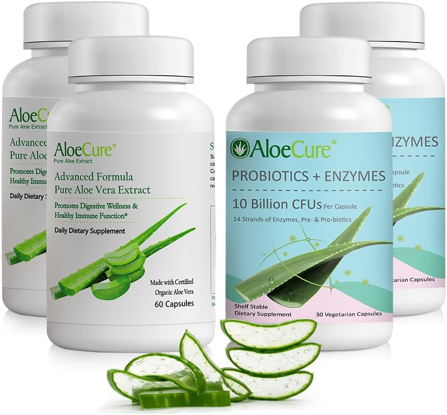 AloeCure capsule organice Aloe Vera - 4 piese - 2 capsule de Aloe Vera, 2 x Probiotice + enzime