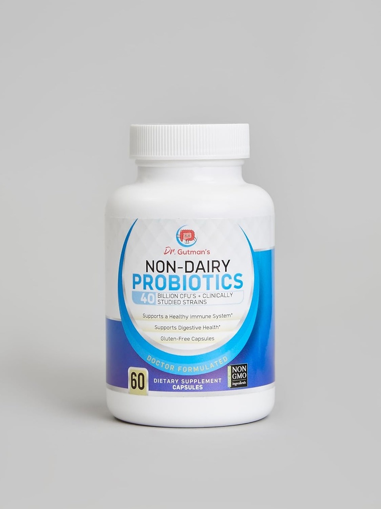 Dr. Gutman Non-Dairy Cele mai bune probiotice pentru femei și bărbați, non-GMO, Probioticele toate-naturale cu 40 Miliarde CFU Digestive Health and Immune System Support, 60 Gluten-Free, Veggie Capsule