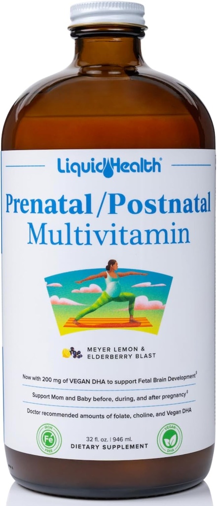 LIQUIDHEALTH Prenatal/Postnatal Multiple Liquid Women's Multivitamin with Real Folate - Pre & Postnatal Vitamins for Before, During, After Pregnancy - Made in USA, Vegan, Sugar-Free, Non-GMO (32 oz)