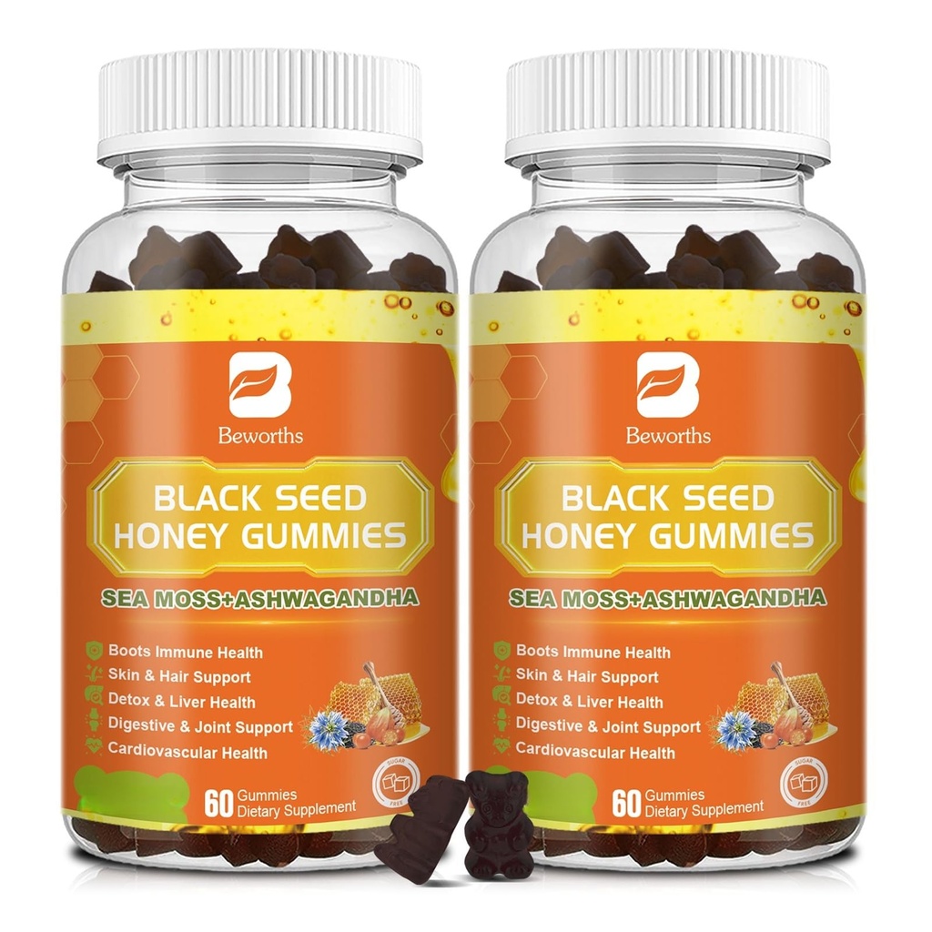 (2 Pack) Black Seed Oil Sea Moss Gummies cu Ashwagandha, Brodock Root, Linden Honey, Elderberry, Turmeric, Vitamina C, D3 & Zinc - Sprijină imunitatea, articulații, Digestion, Hair & Skin, Vegan Gummies 120