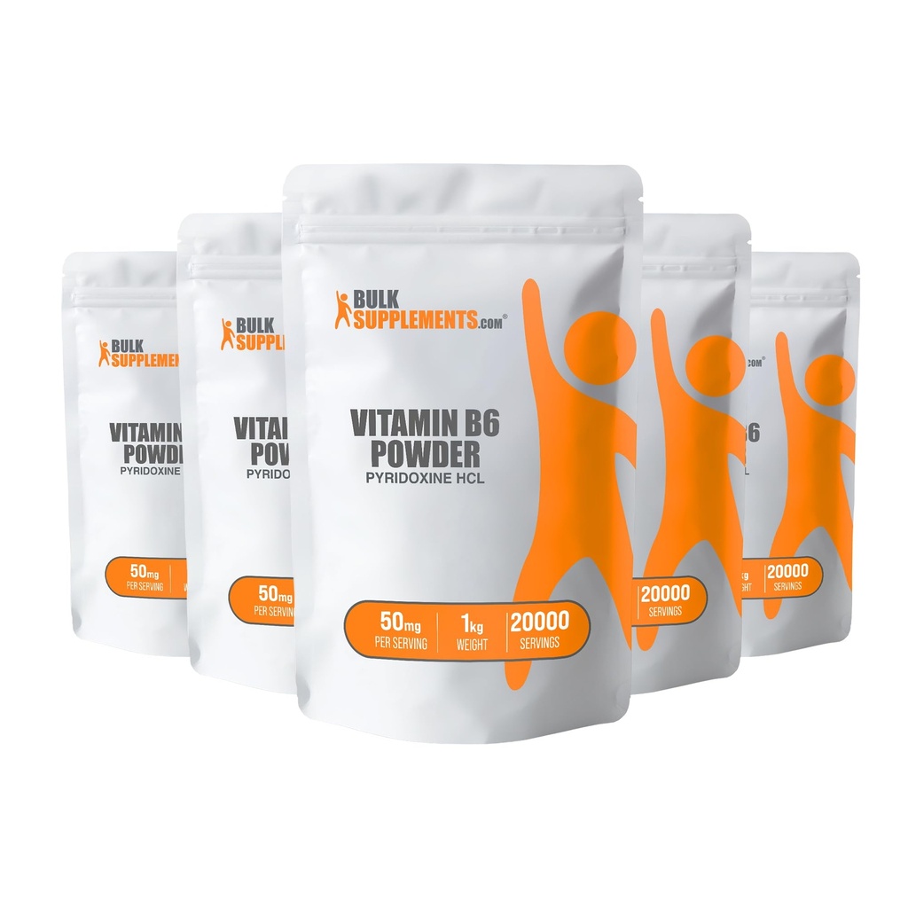 BulkSupplements.com Pyridoxine HCl Powder - Vitamina B6 Supliment, Vitamina B6 50mg - pentru Suport Imun, Gluten gratuit, 50mg de Pyridoxine B6 per Serving, 5kg (11 lbs) (Pachet de 5)