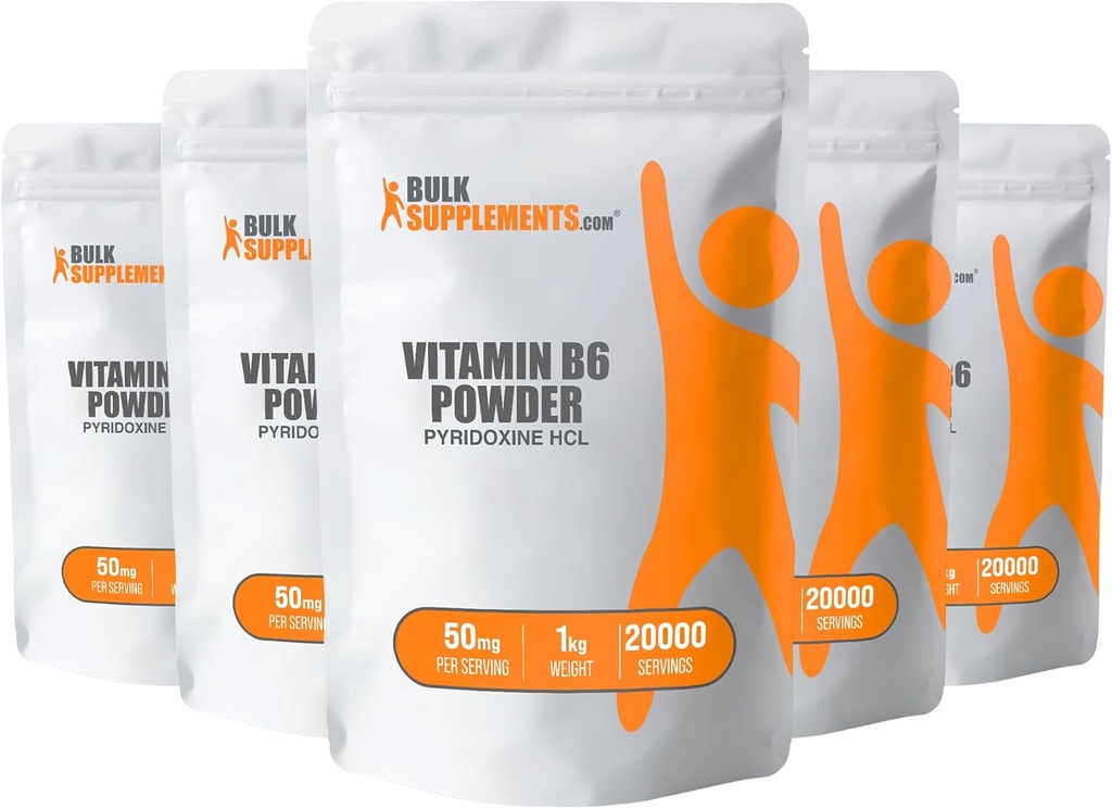 BulkSupplements.com Pyridoxine HCl Powder - Vitamina B6 Supliment, Vitamina B6 50mg - pentru Suport Imun, Gluten gratuit, 50mg de Pyridoxine B6 per Serving, 5kg (11 lbs) (Pachet de 5)