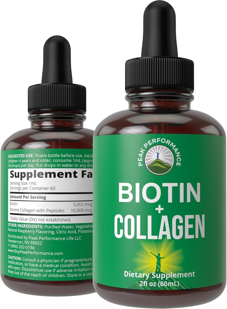 Colagen lichid pentru femei și bărbați cu Biotin. Avansat 2-in-1 picături orale pentru creșterea părului, piele, și unghii. 10000 mcg bovine Colagen Peptides + 5000 mcg Biotin. Fără gluten, fără adaosuri de zahăr