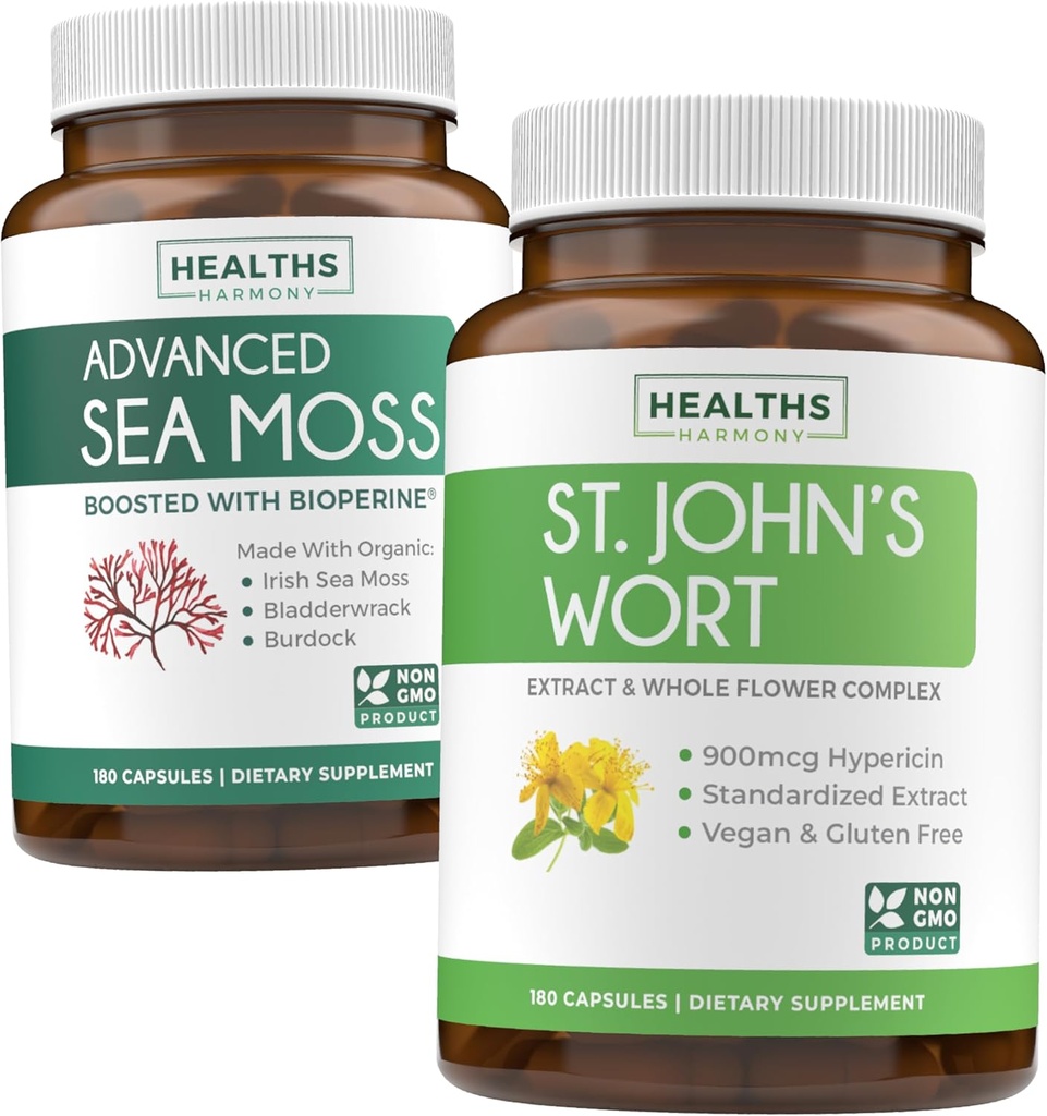 Sea Moss & St. John's Wort (2-Month Supply) Mood Moss Blend - Organic Sea Irish Moss - Raw Vegan Supplement (180 Caps) & St John's Wort with Powerful 900mcg Hypericin Non-GMO Vegan (180 capsule)