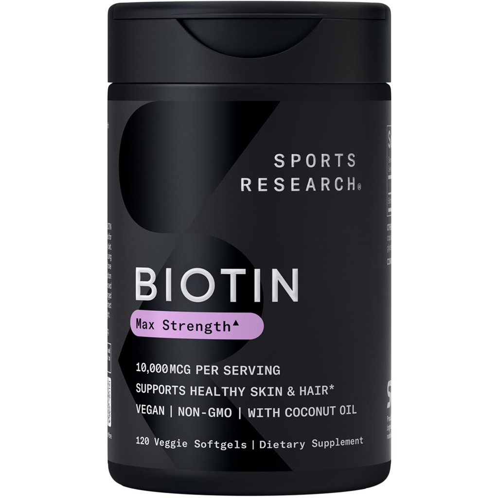 Sports Research® Biotin 10000mcg cu ulei organic de nucă de cocos - Biotin (Vitamina B7) pentru Skin Healthy și suport pentru păr* - pentru femei și bărbați - Vegan, Non-GMO, Gluten & Soy-Free - 120 Veggie Softgels