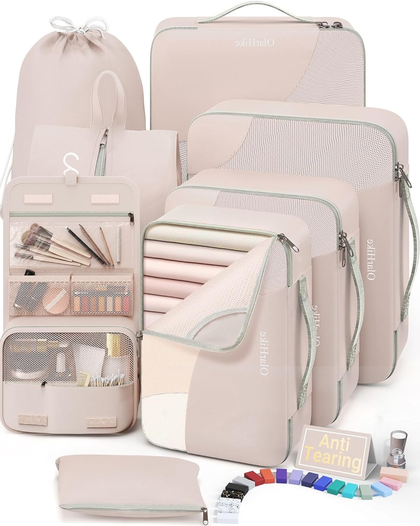 10 Set/8 Set Cuburi de ambalare pentru călătorie, Cadouri pentru femei mama, Anti-Tearing Suitcase Organizator pentru Bagaje cu pantofi și sac de toaletă agățat,OlarHike Vacanță esențiale și accesorii pentru Cruise Ship, Cream
