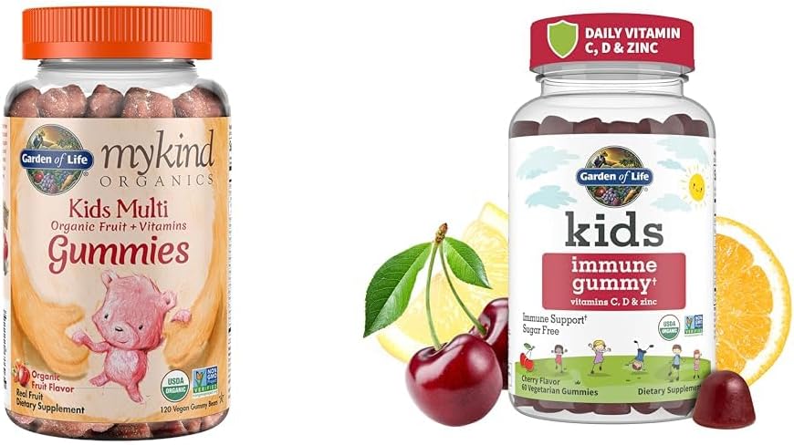 Gradina de viata Organice Copii Gummy Vitamine - Fructe - Certified Organic, Non-GMO & Vegan & Copii Suport Imun cu vitamina C, D ca D3 & Zinc