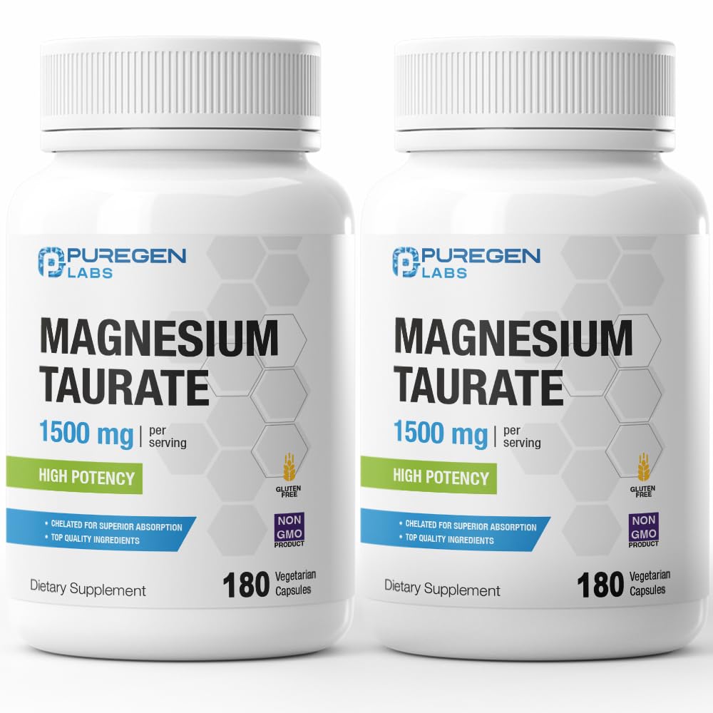 Puregen Labs Magneziu Taurate 1500mg per Serving [High Potenty] Total 360 Veggie Caps, Chelated for Superior Absorbtion, Non-GMO, NO Gluten and Days 