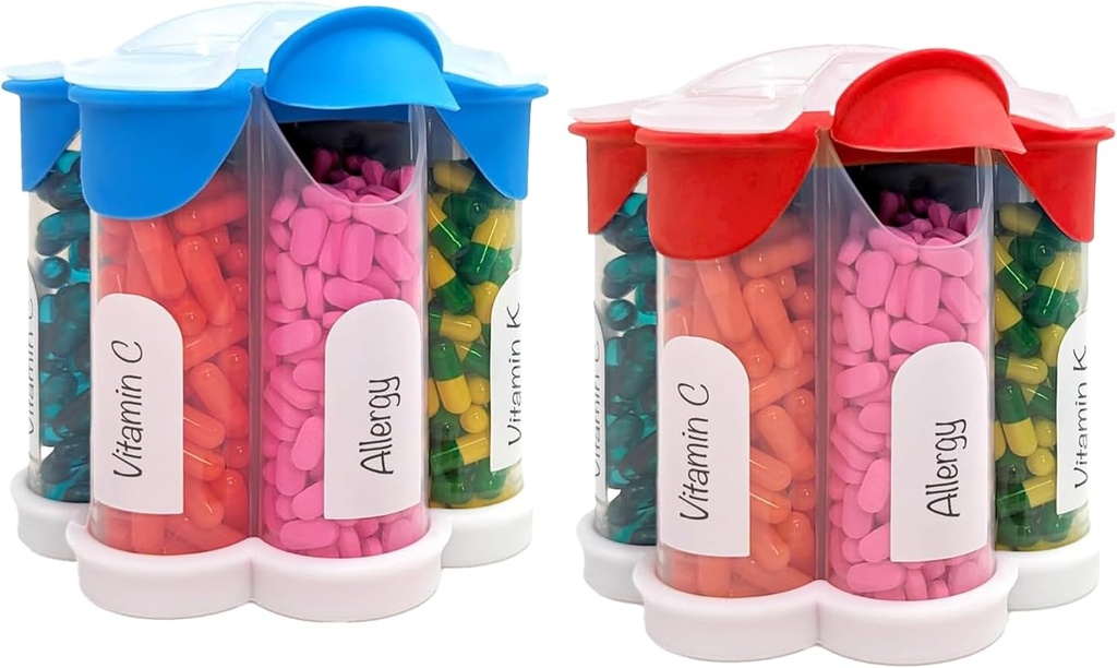 Extra Large Pill Organizator Zilnic, Săptămânal, Lunar Supliment Sticla, Cute Blossom Pilula Distribuitor cu 7 XL Compartimente (2 Pack Combo) (Light Blue și roșu)