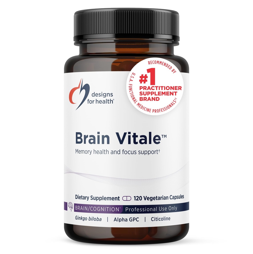 Design-uri pentru sănătate Brain Vitale cu Cognizin Citicolină - "Nootrop" Supliment pentru a ajuta la cogniție, Mood + Memorie cu GPC Choline, Ginkgo + Acetil L Carnitina HCL (120 capsule)