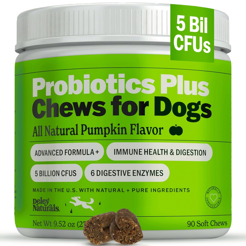 Deley Naturals Probiotice Plus Chews for Dogs, Gut Health Supplement, 5 Miliarde de CFU's, Digestive Enzime, Prebiotice, Alergii cainelui, Diaree, Drojdie, Aromă de Dovleac, 90 Conte - Made in the USA