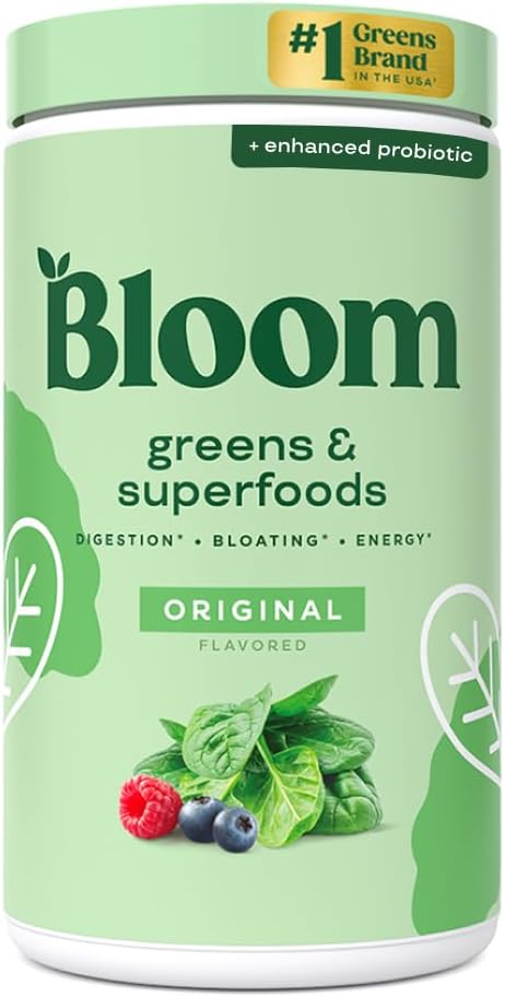 Bloom Nutrition Superfood Greens Powder, Enzime digestive cu Probiotice și Prebiotice, Sanatate Gut, Blaating Relief pentru femei, Chlorella, Green Juice Mix cu Root Powder, 60 SVG, Original