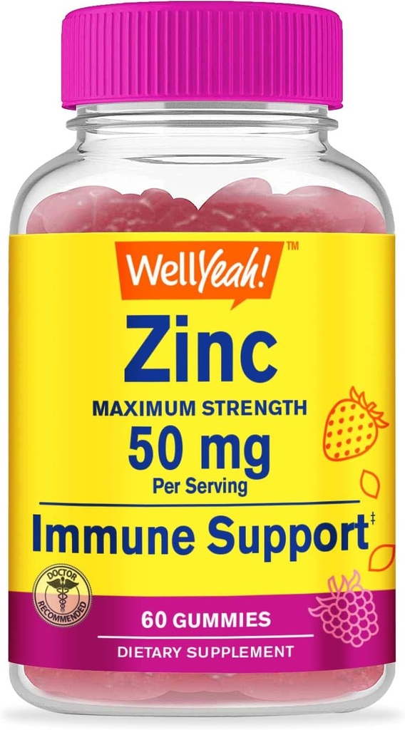 Gume de zinc 50 mg - Suporturi functie imuna sanatoasa si sanatate antioxidanta - Aroma naturala de Berry - Gluten-Free, GMG-Free - Chemble Gummy Dietary Supliment - 60 Gume