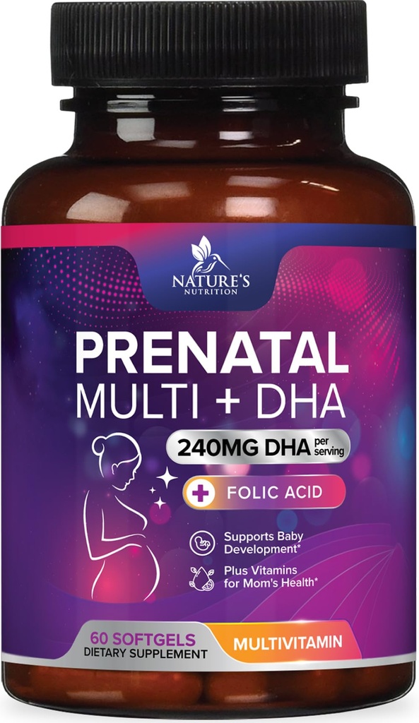 Vitamine prenatale cu acid folic & DHA, suport pentru dezvoltarea creierului fetal cu Folate & Omega 3, multivitamine prenatale pentru femei, vitamina A, C, D, B6, B12 & Fier, Suplimentul pentru sarcină - 60 Softgels