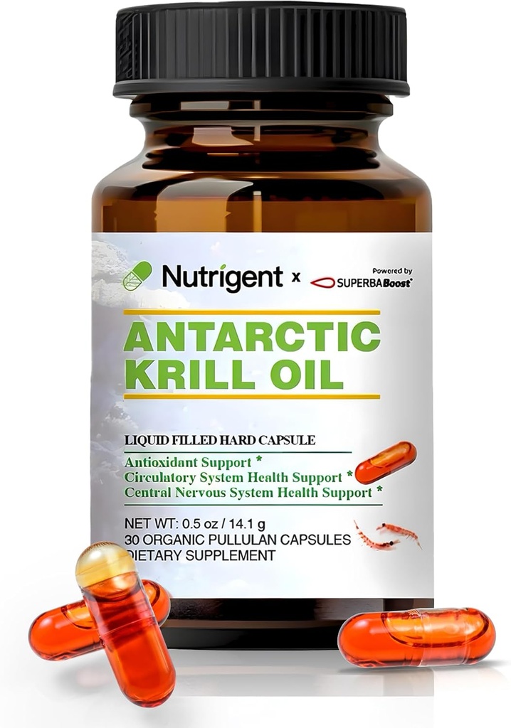 Antarctica Krill Oil 350 mg, lichid umplute capsule organice, Omega-3 EPA, DHA, Astexanthin și Phospolipids Supliment, Suport Inima, Creier & sănătate comună, Fără gust de pește, 30 Conte