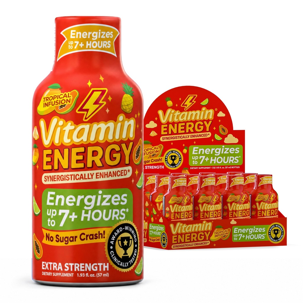 Vitamina Energie Immune+ Extra Putere Energie Shot Mango 12 Pack, 260mg Natural Cafeina, B-Vitamina, Ceai verde, Imunitate & Focus Support, Zero Zahăr, Gluten-Free 1.93 fl oz