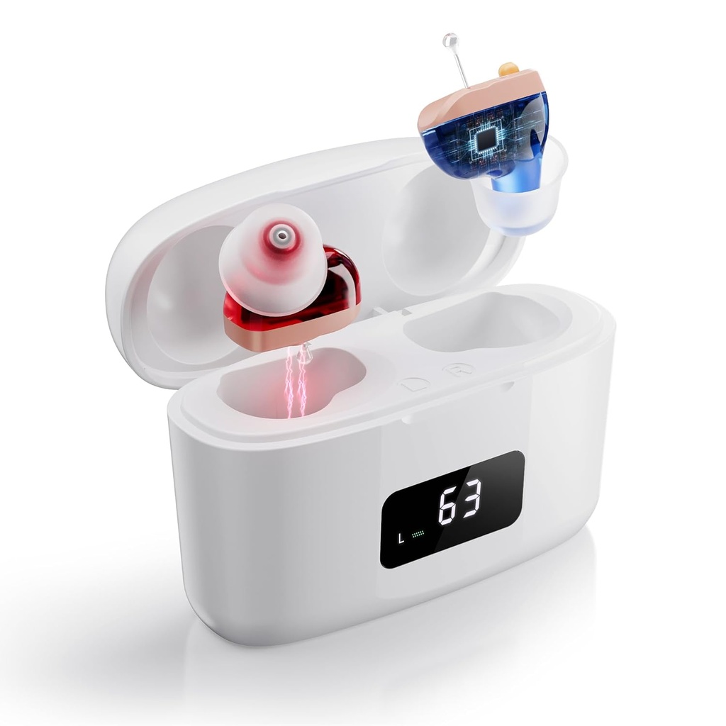 Ajutoare auditive Reîncărcabile pentru Seniori cu Feedback Anulare și reducerea zgomotului, Amplificator de auz CIC invizibil, Confortabil pentru toată ziua Purtare, 26dB Gain, 3 Moduri cu Display LED