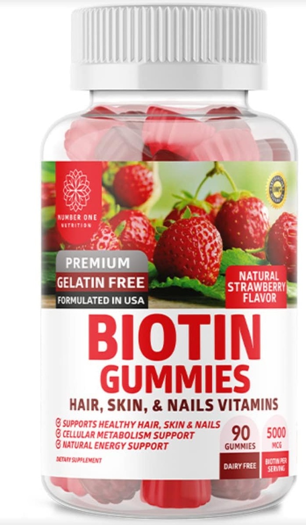 N1N Premium Biotin Gummies 5000mcg [Potență ridicată, 90 Gume] pentru păr sănătos, piele și unghii pentru adulți și copii, Vegan, Non-GMO, Pe bază de Pectin
