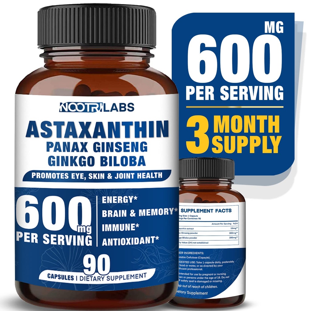 Astaxantină 15mg + Panax Ginseng, Ginkgo Biloba Suplimente, 90 Capsule Vegane, Promovează energie de sănătate oculară, suport cardiovascular + Apărare imună și focus