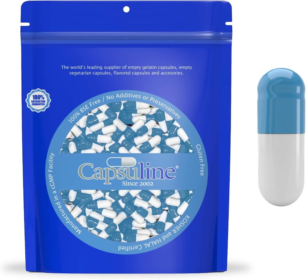 Capsuline Colored Size 0 Empty Gelatin Capsules Blue/White 10000 Count |Kosher & Halal Certified |Gluten Free