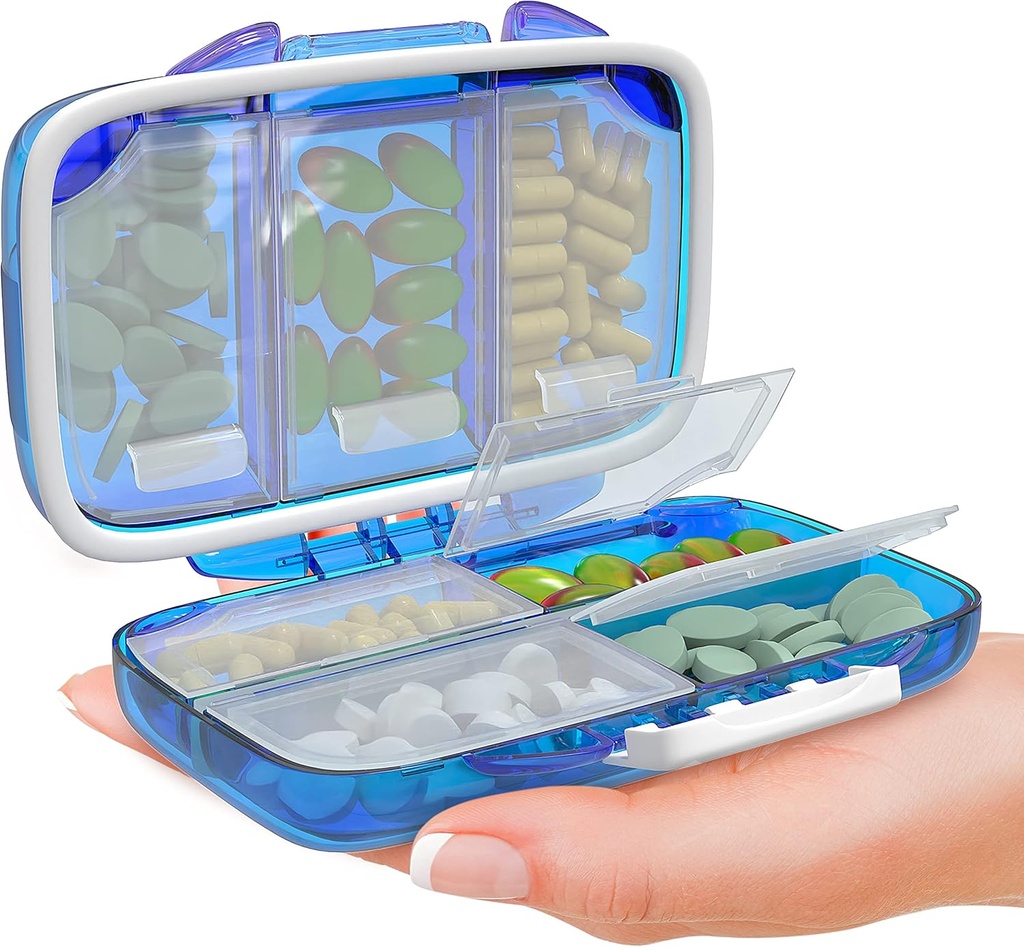 Travel Pill Organizator - Dovada de umiditate Deţinătorul de vitamine portabile cu 7 Compartimente, Compact suplimentar caz pentru Purse Essential Medicine Kit foto Traveling Pocket Farmacie cu etichete, albastru